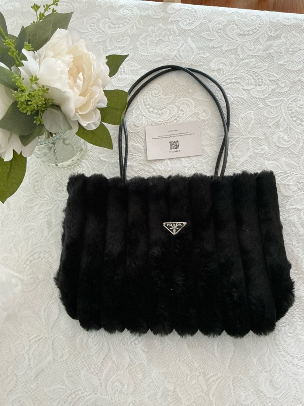PRADA Authentic Black Faux Fur Tote Logo Plaque